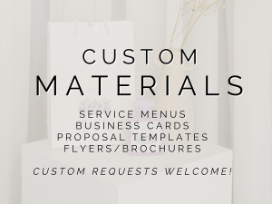Personalized marketing materials such as business cards, service menus, brochures, and flyers, designed in a soft, modern style for women building businesses from home.