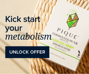 pique life tea affiliate banner - kick start your metabolism with pique life matcha tea. aesthetic image of a box of pique matcha tea