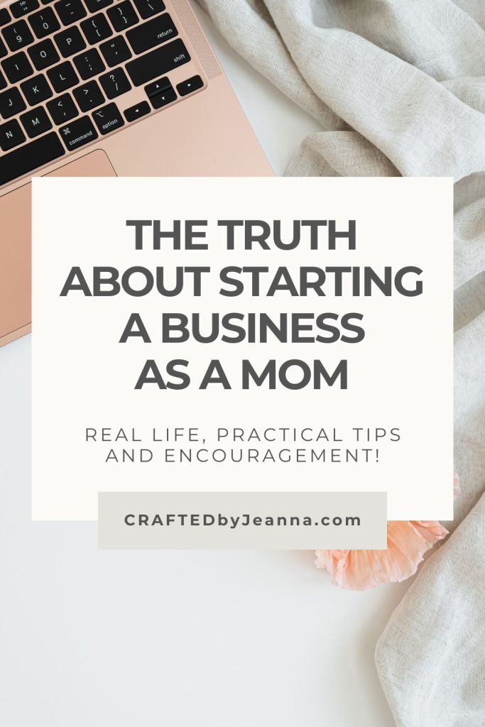 AESTHETIC IMAGE OF A FEMININE PINK MACBOOK WORK SPACE FROM HOME, WITH THE TITLE THE TRUTH ABOUT STARTING A BUSINESS AS A MOM OVERLAYED